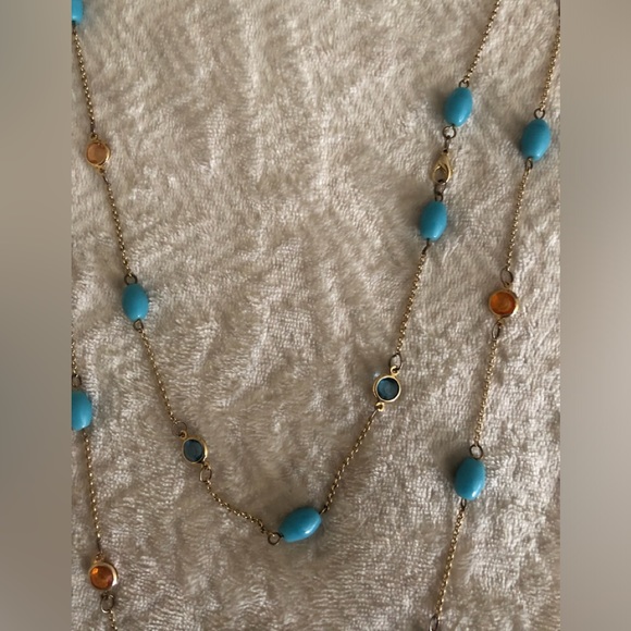 Stunning long layered beaded pendant, blues, peach, gold coloured chain - Picture 3 of 5